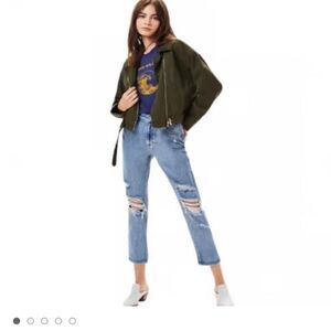 Pacsun Olive Green Zip Up Bomber Women’s Flight Jacket Asymmetrica Zipper
